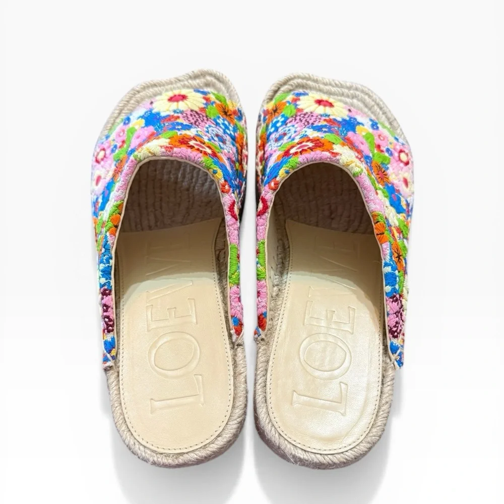 Loewe x Paula's Ibiza Petal Embroidered Canvas Platform Espadrille Mules EU 37
